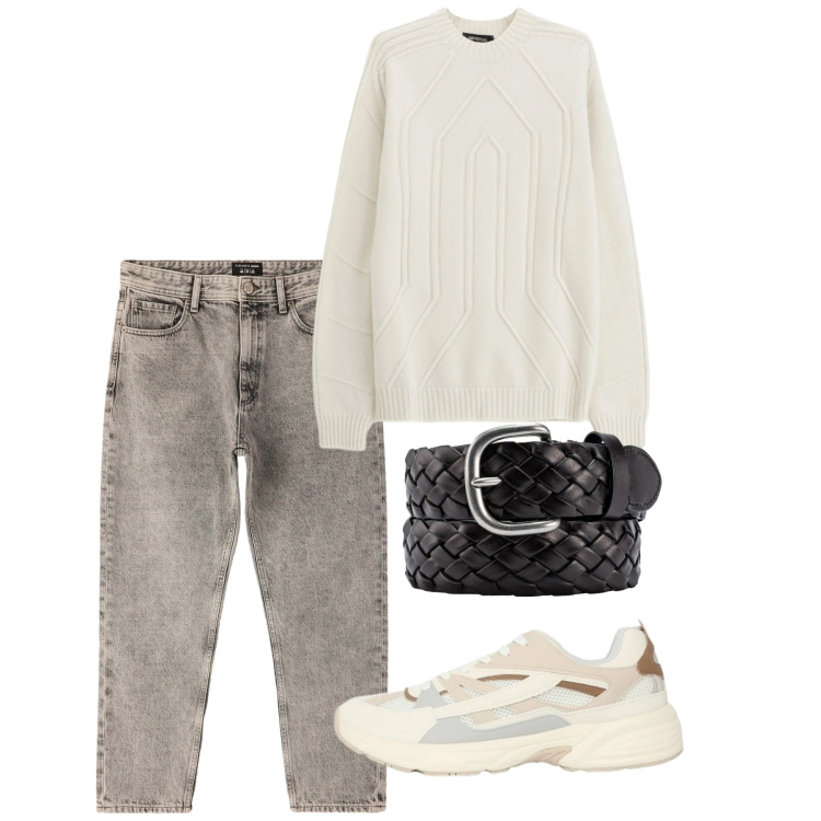 Outfit uomo - Marzo. Stile Casual per Tutti i giorni. Abbinamento con pullovers, jeans dritti, sneakers, cinture.