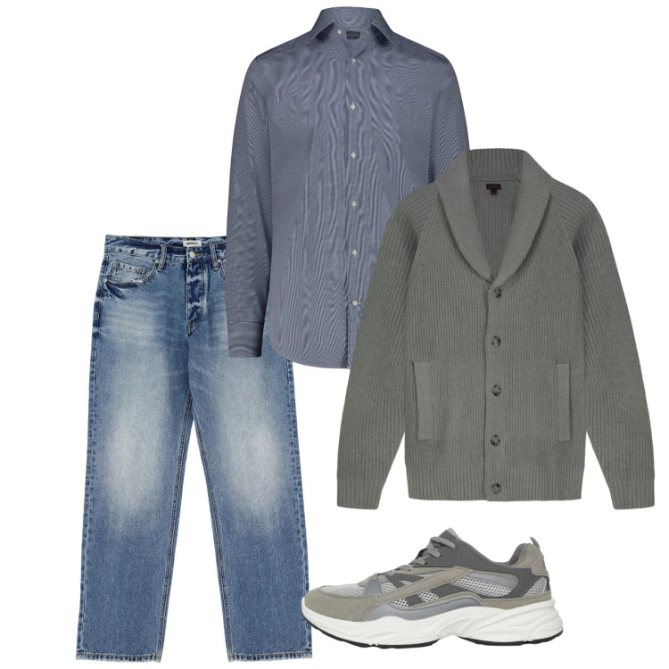 Outfit uomo - Primavera. Stile Casual per Tutti i giorni. Abbinamento con jeans, sneakers, camicie, cardigans.