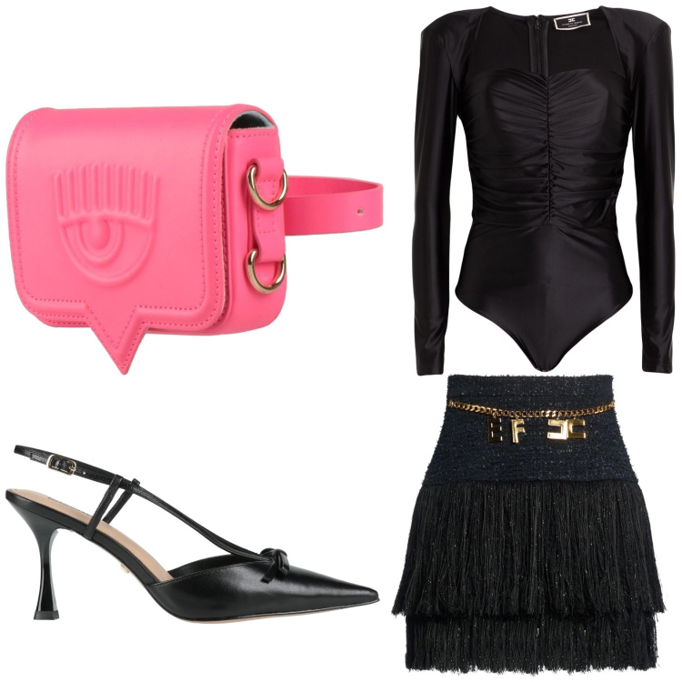 Outfit donna - Nero e fucsia. Stile Glamour per Serata fuori. Abbinamento con marsupi, minigonne, décolleté, body.
