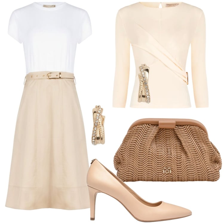 Outfit donna - Bon ton quotidiano. Stile Bon Ton per Ufficio. Abbinamento con décolleté, vestiti midi/longuette, bluse, pochette, orecchini.