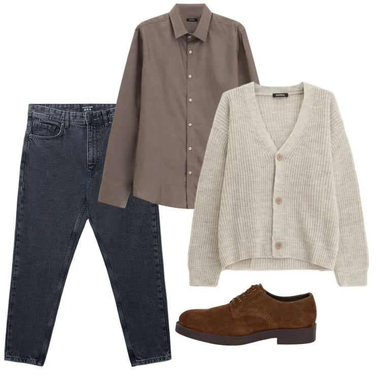 Outfit uomo - Spring. Stile Casual per Tutti i giorni. Abbinamento con camicie, cardigans, jeans strappati, scarpe stringate.