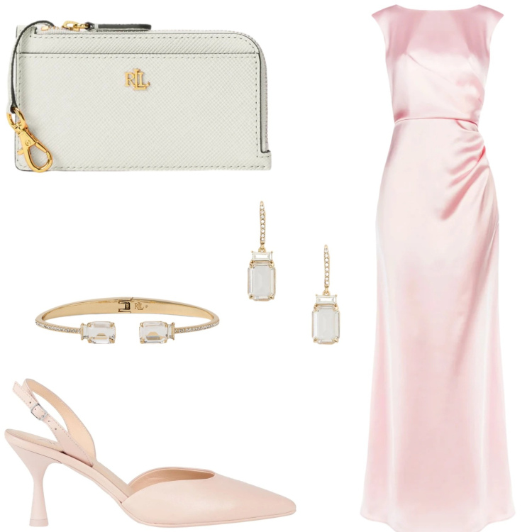 Outfit donna - Classico e Trendy. Stile Glamour per Cerimonia. Abbinamento con décolleté, vestiti lunghi, orecchini, braccialetti, portafogli.