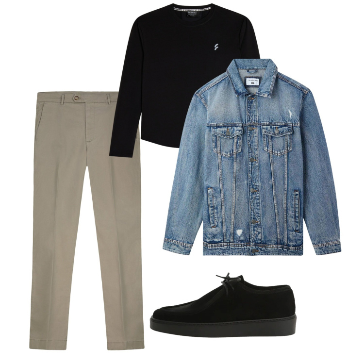 Outfit uomo - Pinces e denim. Stile Casual per Tutti i giorni. Abbinamento con scarpe stringate, giacche, t-shirt, pantaloni chino.