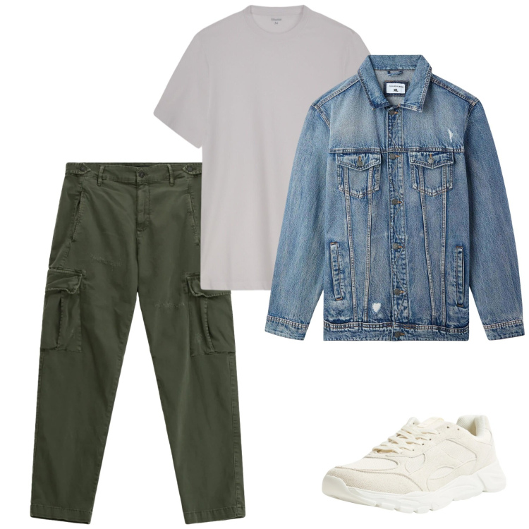 Outfit uomo - Primavera. Stile Casual per Tutti i giorni. Abbinamento con sneakers, giacche, pantaloni cargo, t-shirt.
