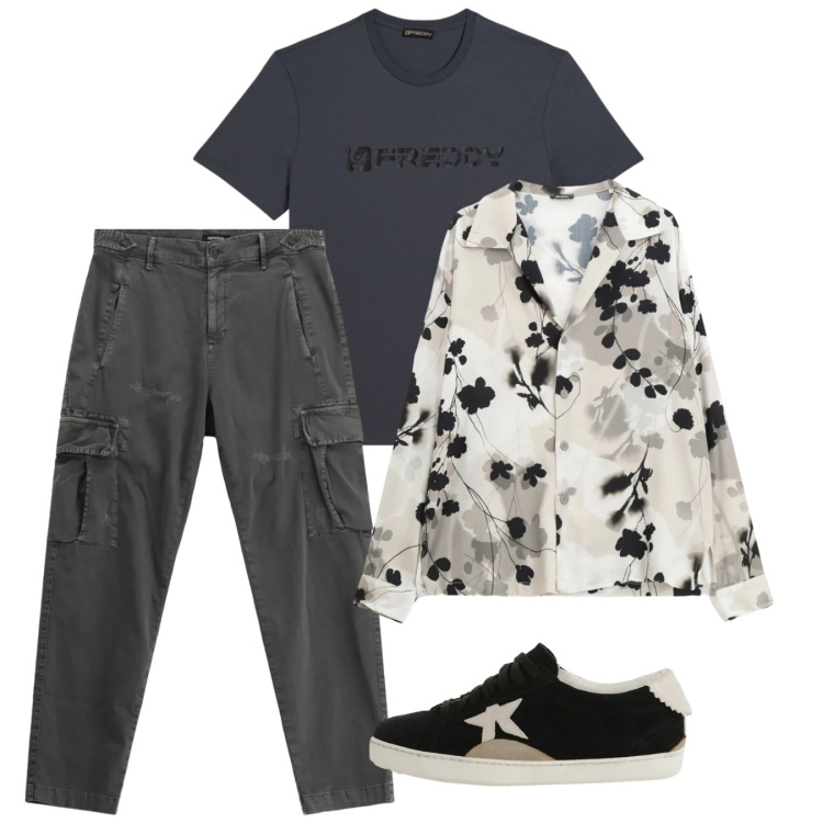 Outfit uomo - Marzo. Stile Casual per Tutti i giorni. Abbinamento con camicie, pantaloni cargo, sneakers, t-shirt.