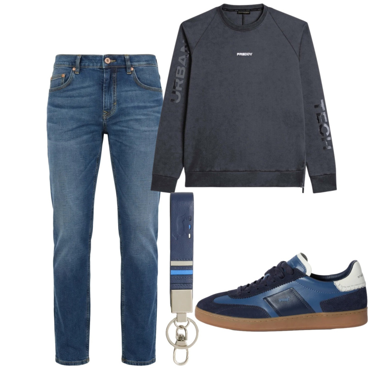 Outfit uomo - Spring. Stile Casual per Tutti i giorni. Abbinamento con sneakers, portachiavi, jeans, felpe.