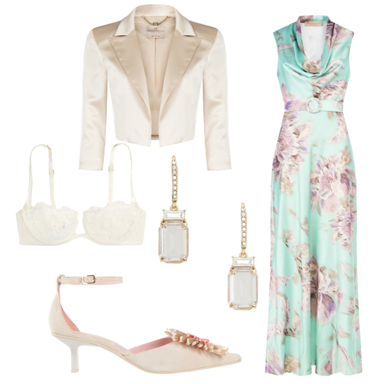 Outfit donna - Matrimonio a Marzo. Stile Chic per Cerimonia. Abbinamento con décolleté, vestiti lunghi, bolero, reggiseni a balconcino, orecchini.