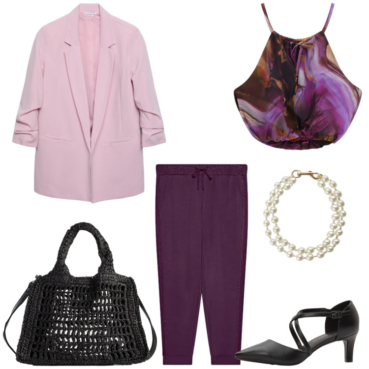 Outfit donna - Total look #2356033. Stile Chic per Serata fuori. Abbinamento con décolleté, borse a tracolla, blazer, pantaloni, top, braccialetti.