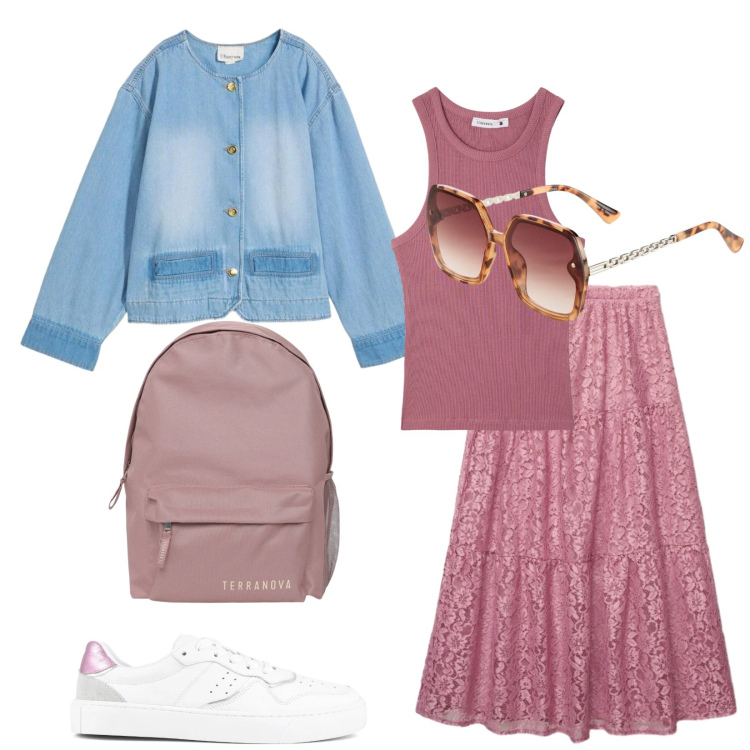 Outfit donna - Total look #2356038. Stile Casual chic per Tutti i giorni. Abbinamento con occhiali da sole, blazer, gonne lunghe, zaini, canottiere, sneakers.