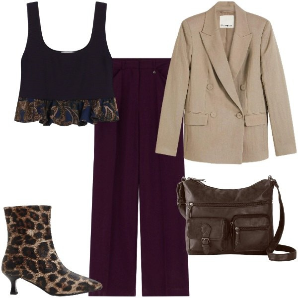 Outfit donna - Che fastidio. Stile Trendy per Tutti i giorni. Abbinamento con stivaletti, borse a tracolla, blazer, pantaloni a palazzo, top.