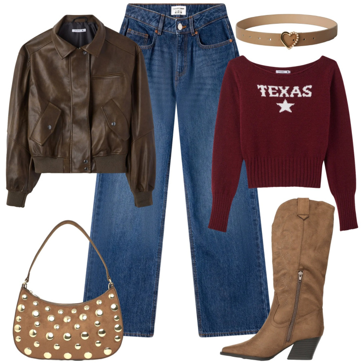 Outfit donna - Terranova desert code. Stile Glamour per Tutti i giorni. Abbinamento con maglieria, cinture, jeans, stivali, borse a tracolla, giacche.