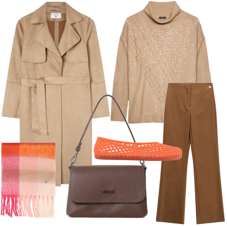 Outfit donna - Ballerine traforate. Stile Minimal per Tutti i giorni. Abbinamento con trench, pantaloni, maglieria, sciarpe, borse a tracolla, ballerine.