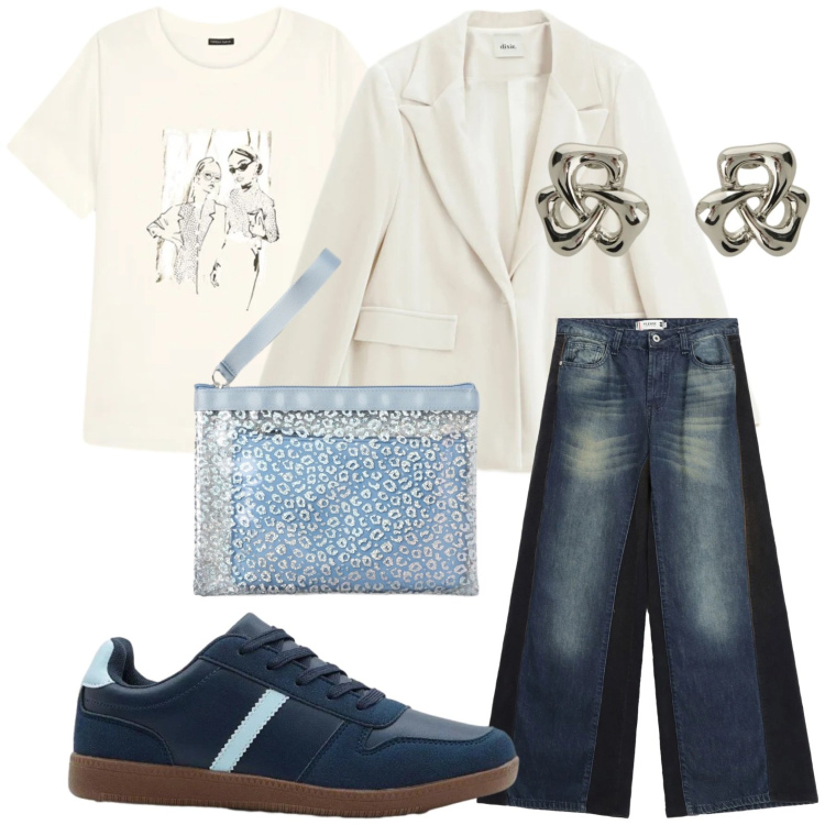 Outfit donna - Il jeans protagonista. Stile Urban per Tutti i giorni. Abbinamento con sneakers, pochette, t-shirt, blazer, orecchini, jeans a zampa.