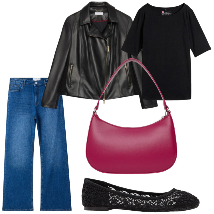 Outfit donna - Look di mezza stagione. Stile Basic per Tutti i giorni. Abbinamento con ballerine, maglieria, jeans a zampa, borse a tracolla, giacche.