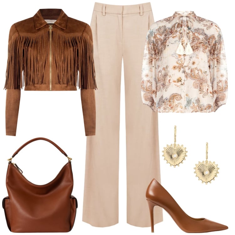 Outfit donna - Rinascimento. Stile Glamour per Ufficio. Abbinamento con giacche, bluse, pantaloni a palazzo, borse a spalla, orecchini, décolleté.