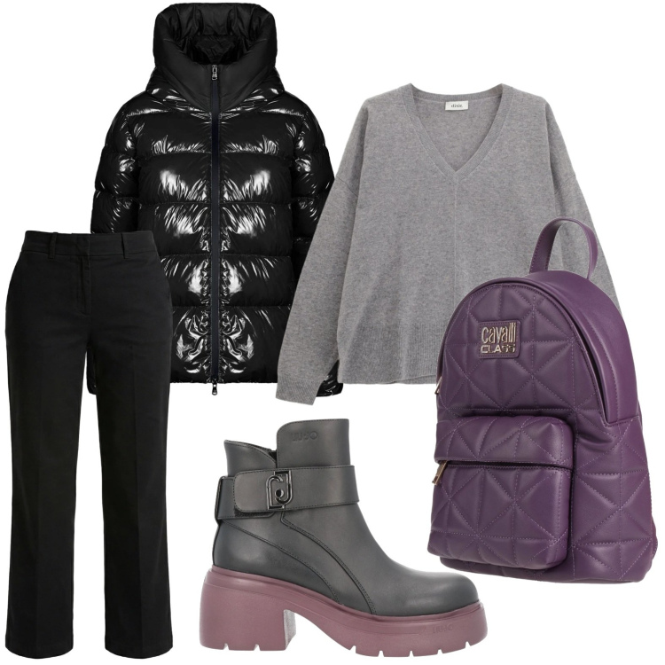 Outfit donna - Il pull antracite. Stile Glamour per Tutti i giorni. Abbinamento con zaini, stivaletti, pantaloni, maglieria, piumini.