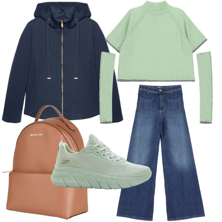 Outfit donna - Lo zaino professionale. Stile Minimal per Ufficio. Abbinamento con zaini, sneakers, blazer, maglieria, jeans.