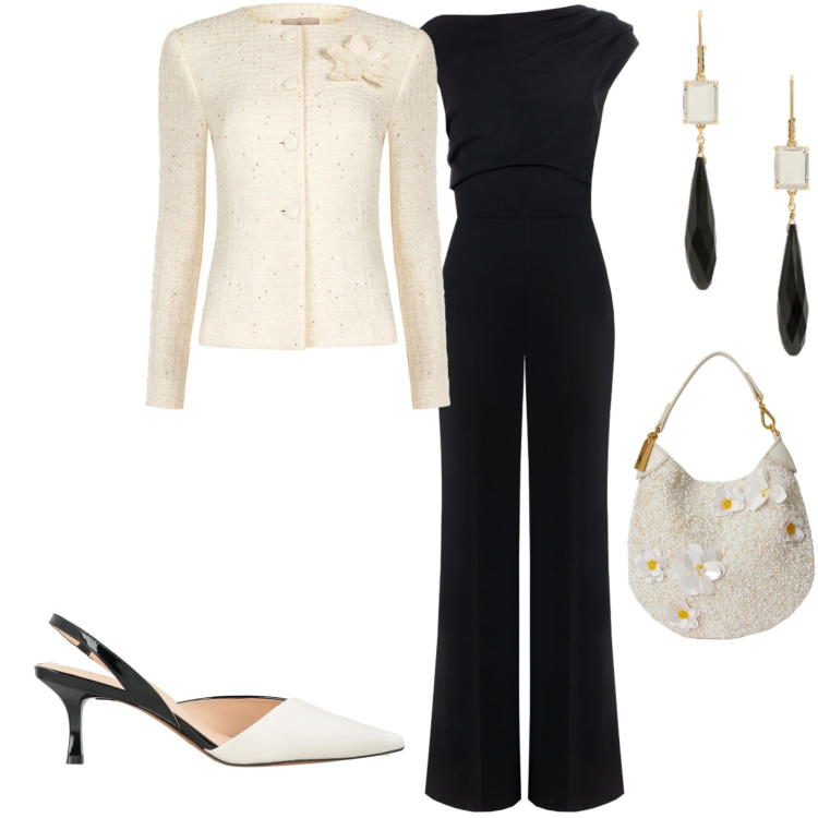 Outfit donna - Rinascimento un nuovo capitolo. Stile Chic per Cerimonia. Abbinamento con décolleté, tute, blazer, orecchini, pochette.