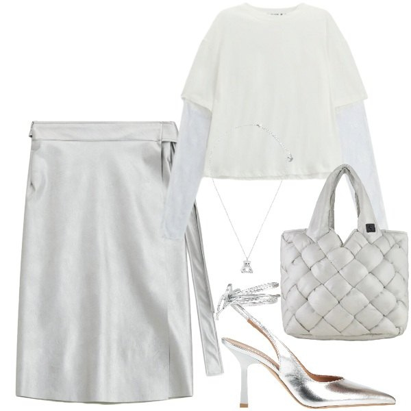 Outfit donna - Bianco ghiaccio. Stile Glamour per Serata fuori. Abbinamento con décolleté, gonne longuette, t-shirt, ciondoli, borse tote.