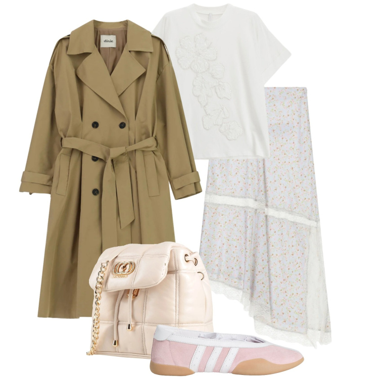 Outfit donna - Primavera glam. Stile Glamour per Tutti i giorni. Abbinamento con ballerine, valigie, t-shirt, gonne lunghe, trench.
