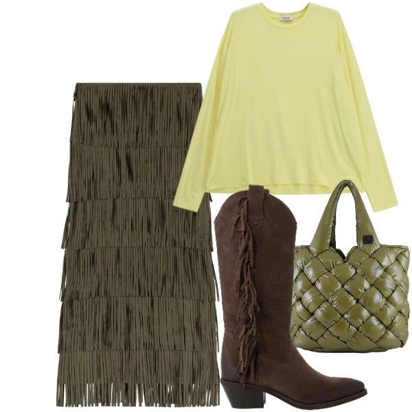 Outfit donna - Piccola squaw. Stile Etnico per Tutti i giorni. Abbinamento con t-shirt, gonne lunghe, stivali, borse tote.