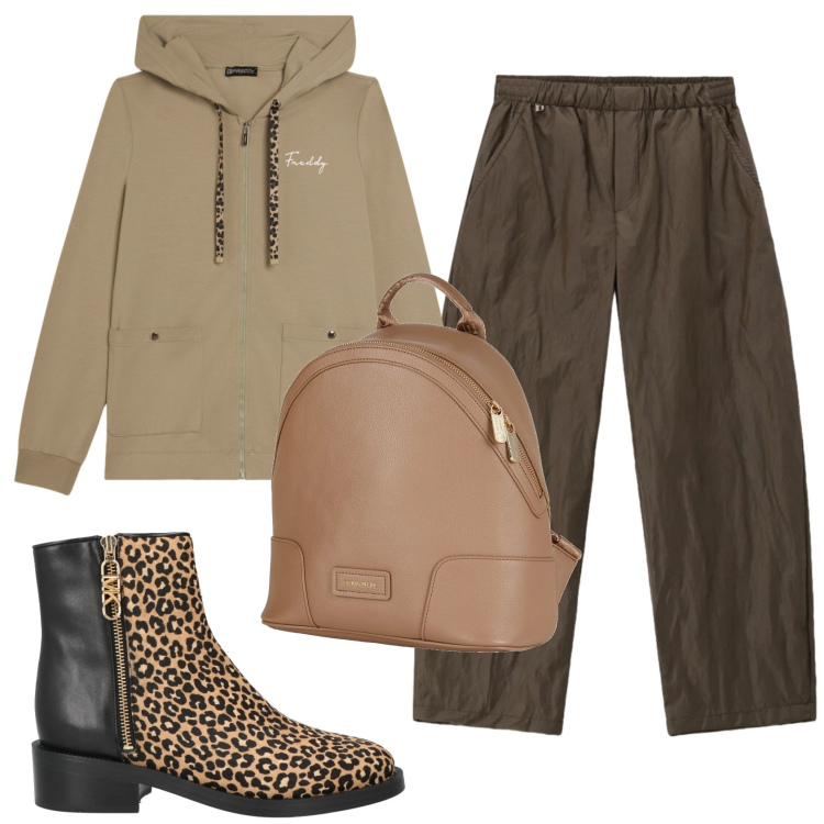 Outfit donna - Total look #2356085. Stile Basic per Tutti i giorni. Abbinamento con zaini, stivaletti, felpe con cappuccio, pantaloni a palazzo.
