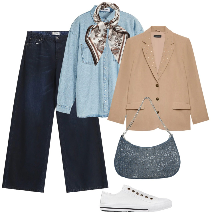 Outfit donna - Casual con la camicia in denim. Stile Casual per Tutti i giorni. Abbinamento con sneakers, camicie, foulard, borse a tracolla, blazer, jeans.