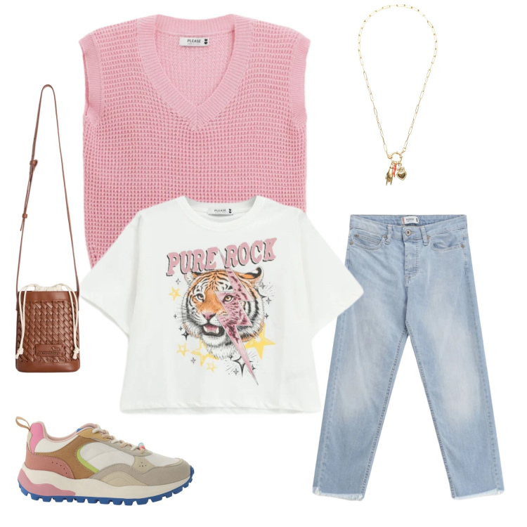 Outfit donna - Urban Candy Rock. Stile Casual chic per Tutti i giorni. Abbinamento con borse a secchiello, sneakers, top, jeans, t-shirt, ciondoli.