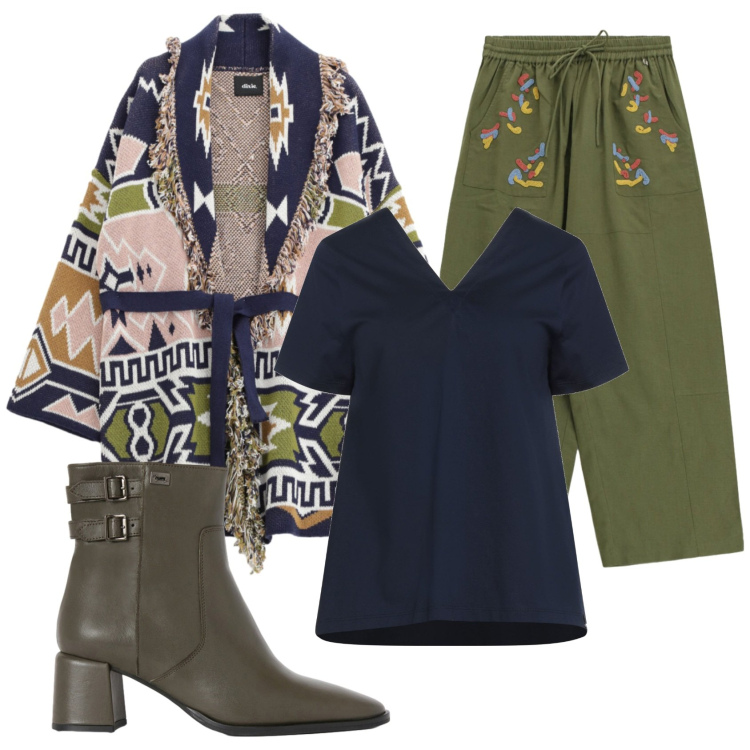 Outfit donna - Total look #2356093. Stile Etnico per Tutti i giorni. Abbinamento con t-shirt, stivaletti, pantaloni a palazzo, cardigans.
