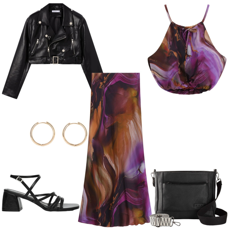 Outfit donna - Midnight Marble. Stile Glamour per Serata fuori. Abbinamento con borse a tracolla, orecchini, giacche, sandali col tacco, top, gonne lunghe.