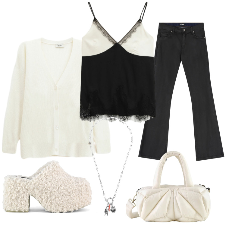 Outfit donna - Monochrome Comfort. Stile Casual chic per Tutti i giorni. Abbinamento con top, jeans, cardigans, ciondoli, borse a mano, sabot.