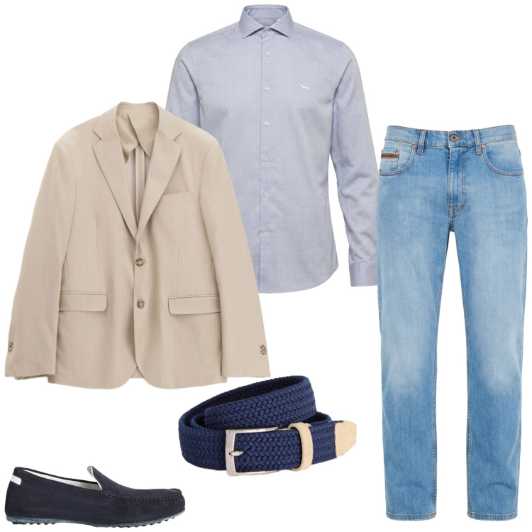 Outfit uomo - Toni Neutri e Sfumature di Blu. Stile Trendy per Tutti i giorni. Abbinamento con jeans, scarpe stringate, cinture, camicie, giacche.