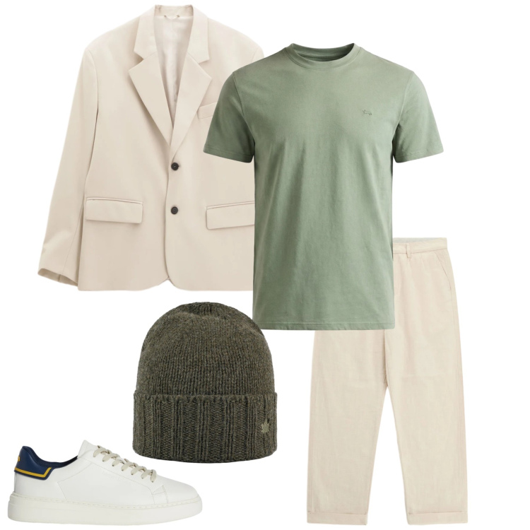 Outfit uomo - Sand & Moss Minimalist. Stile Casual per Tutti i giorni. Abbinamento con sneakers, t-shirt, giacche, pantaloni, cappelli.