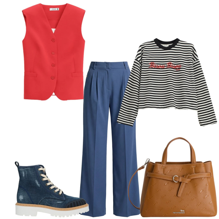 Outfit donna - Total look #2356119. Stile Casual chic per Tutti i giorni. Abbinamento con stivaletti, pantaloni, borse a mano, t-shirt, gilet.
