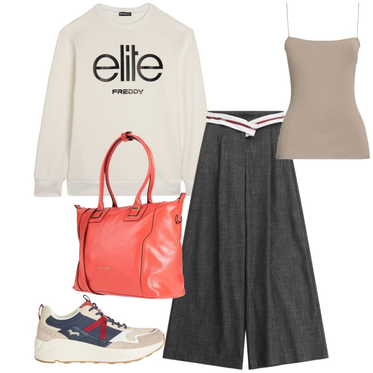 Outfit donna - Total look #2356121. Stile Casual per Tutti i giorni. Abbinamento con top, zaini, sneakers, pantaloni a palazzo, felpe.