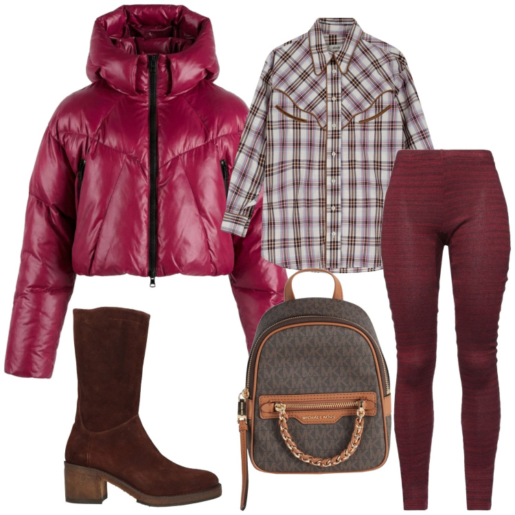 Outfit donna - Total look #2356122. Stile Casual per Tutti i giorni. Abbinamento con zaini, stivali, leggings, camicie, piumini.