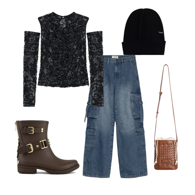 Outfit donna - Brillantini urban. Stile Urban per Serata fuori. Abbinamento con borse a secchiello, top, berretti, stivali, jeans.