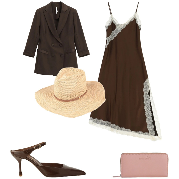 Outfit donna - Total look #2356127. Stile Glamour per Cerimonia. Abbinamento con cappelli, portafogli, vestiti lunghi, blazer, décolleté.