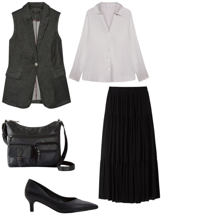 Outfit donna - Total look #2356131. Abbinamento con borse a tracolla, décolleté, gilet, camicie, gonne lunghe.