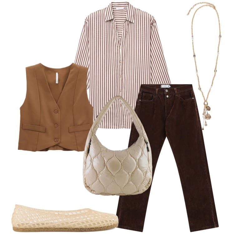 Outfit donna - Total look #2356132. Stile Casual per Tutti i giorni. Abbinamento con camicie, gilet, ciondoli, pantaloni, borse tote, ballerine.