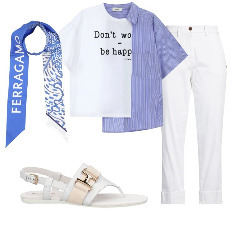 Outfit donna - Total look #2356140. Stile Casual chic per Tutti i giorni. Abbinamento con pantaloni, sciarpe, infradito, t-shirt.