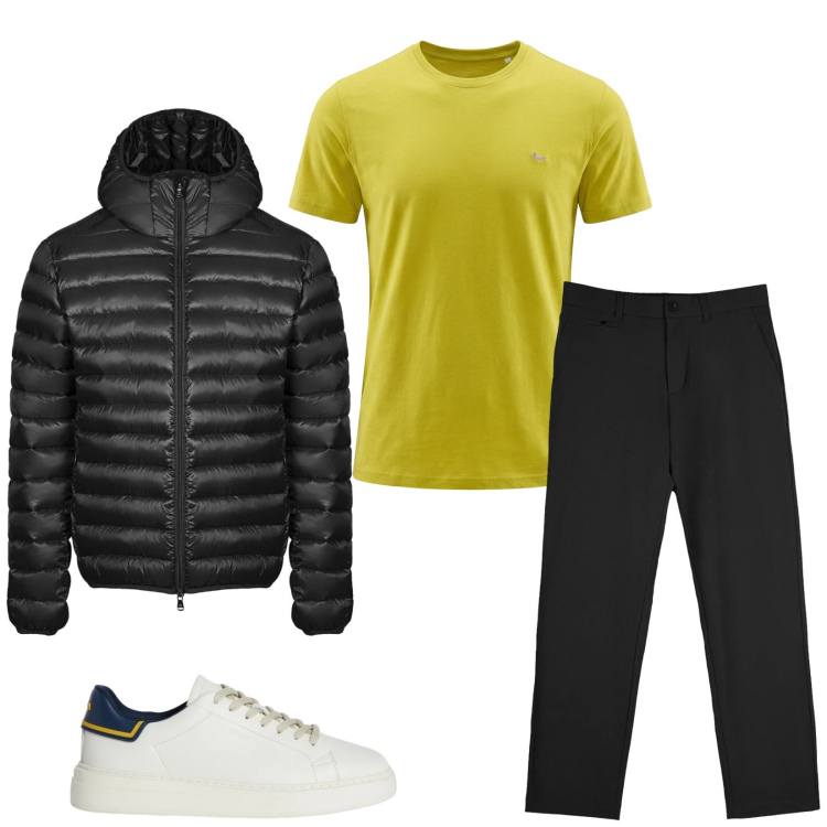 Outfit uomo - Total look #2356141. Stile Trendy per Tutti i giorni. Abbinamento con sneakers, t-shirt, pantaloni chino, bomber.