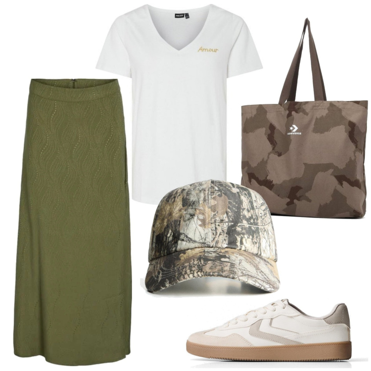 Outfit mujer - Casual look. Estilo Casual para Todos los días. Combinación con sneakers, falda longuette, sombreros, bolso tote, camiseta.