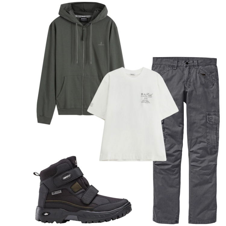 Outfit uomo - Total look #2356144. Stile Trendy per Tutti i giorni. Abbinamento con pantaloni cargo, stivali e stivaletti, t-shirt, felpe con cappuccio.