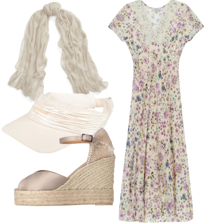 Outfit donna - Total look #2356153. Stile Romantica per Tutti i giorni. Abbinamento con sciarpe, espadrillas, cappelli con visiera, vestiti midi/longuette.