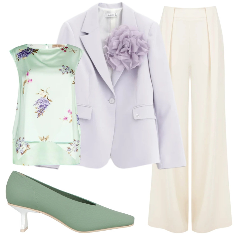 Outfit donna - Pistacchio e violetta. Stile Chic per Cerimonia. Abbinamento con décolleté, blazer, top, pantaloni a palazzo.