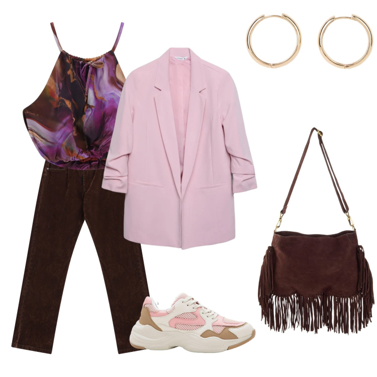 Outfit donna - Di corsa a lavoro. Stile Urban per Tutti i giorni. Abbinamento con sneakers, borse a tracolla, orecchini, blazer, top, pantaloni.