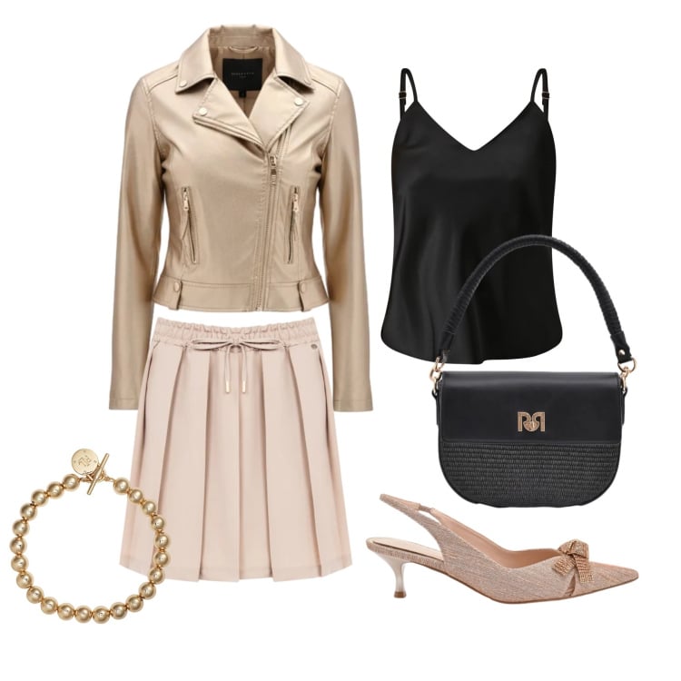 Outfit donna - Marzo. Stile Glamour per Tutti i giorni. Abbinamento con top, borse a spalla, décolleté, giacche, minigonne, braccialetti.