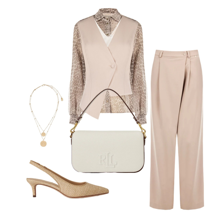 Outfit donna - Marzo. Stile Chic per Ufficio. Abbinamento con pantaloni a palazzo, camicie, gilet, décolleté, ciondoli, borse a spalla.