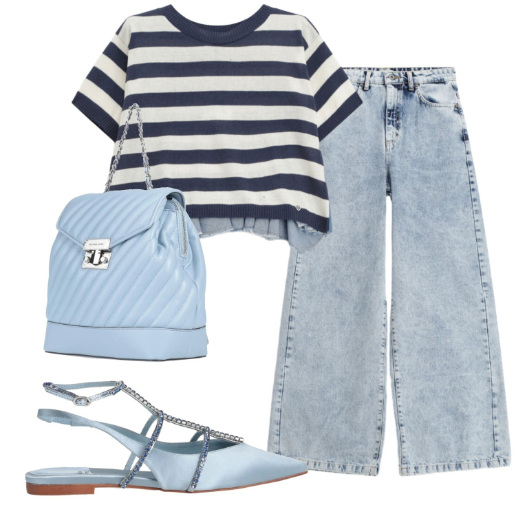 Outfit donna - Total look #2356166. Stile Trendy per Tutti i giorni. Abbinamento con ballerine, zaini, jeans, t-shirt.
